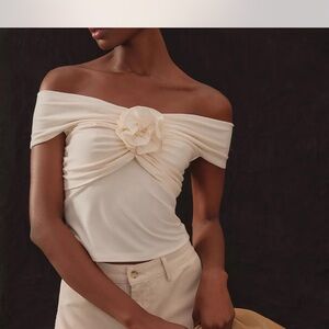 Reformation Cream Off-Shoulder Blouse with Floral Detail